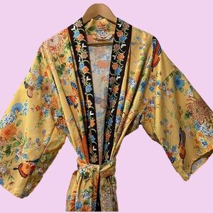 Vintage Neiman Marcus Yellow Robe/Kimono influenced with Butterflies and Chrysan